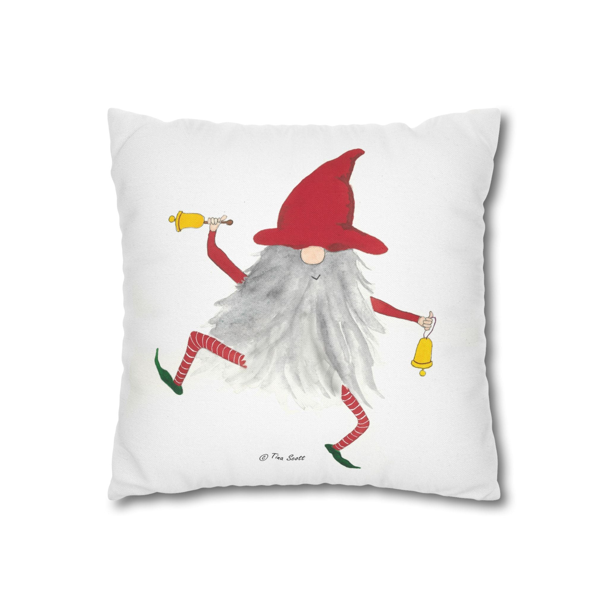 Christmas Gnome Pillow — "Jingle Those Bells!" Square Decorative Pillowcase